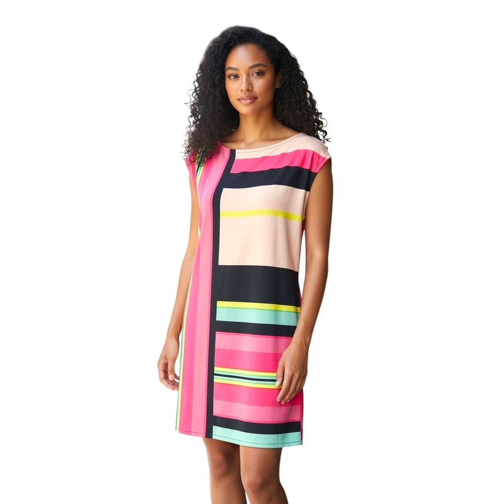 Rachel Roy Womens Pink Multi Color Geometric Stripe Boat Neck Shift Dress‎ SZ M